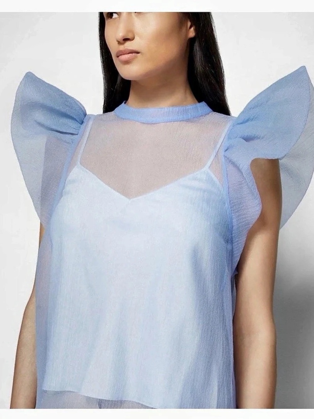 Jonathan Simkhai Corina Organza Ruffle Sleeve Crew Neck Top in Periwinkle